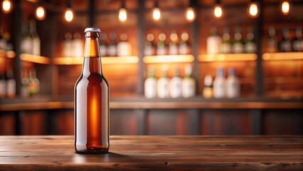 A single amber beer bottle sits on a wooden bar counter with shelves of bottles behind