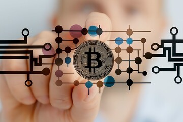 Close up of a human finger touching a holographic digital network interface with a bitcoin symbol at its center representing cryptocurrency and blockchain technology