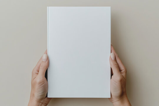 Person Holding Blank White Book. Ideal for showcasing custom cover designs or as a placeholder in creative projects. Neutral backdrop for design focus.