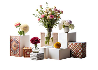 Minimalist compositions on the cubes with flowers, decorations, carpet and personal accessories isolated on white and transparent background