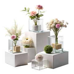 Minimalist compositions on the cubes with flowers, decorations, carpet and personal accessories isolated on white and transparent background