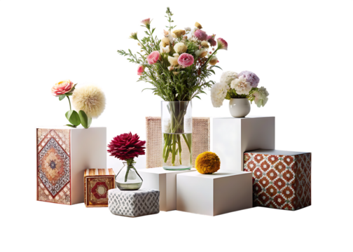 Minimalist compositions on the cubes with flowers, decorations, carpet and personal accessories isolated on white and transparent background