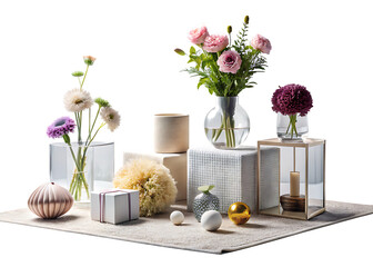 Minimalist compositions on the cubes with flowers, decorations, carpet and personal accessories isolated on white and transparent background
