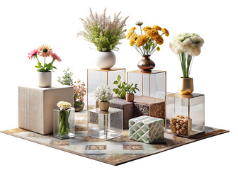 Minimalist compositions on the cubes with flowers, decorations, carpet and personal accessories isolated on white and transparent background