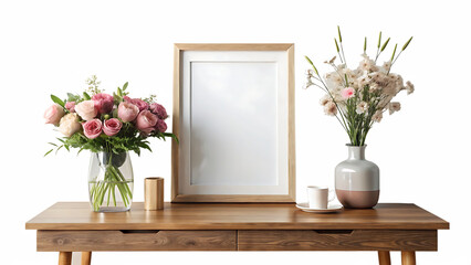 mock up poster frame, wooden console, flowers in vase, decorations and personal accessories isolated on white and transparent background
