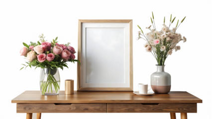 mock up poster frame, wooden console, flowers in vase, decorations and personal accessories isolated on white and transparent background