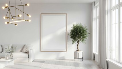 Bright and Airy Living Room with Modern Chandelier, Sofa, and Framed Art Display