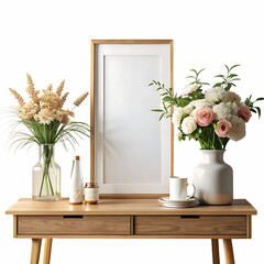 mock up poster frame, wooden console, flowers in vase, decorations and personal accessories isolated on white and transparent background