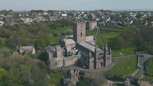 Aerial drone shot of St Davids Cathedral, Wales, UK