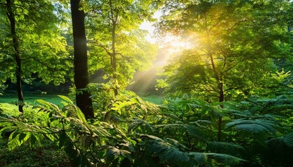 morning sunlight shines through bright green foliage