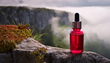 mysterious crimson dropper bottle poised by misty cliffside embodies enchanting alchemy serenely celebrating elixir crafting and ostara