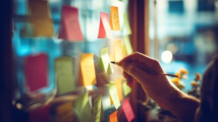 A hand placing a sticky note on a glass wall