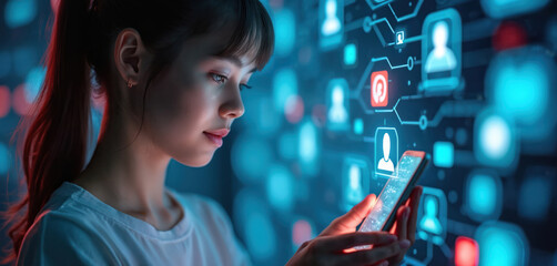 Young woman uses smartphone, interacting with social media network interface. Digital connection of people via apps, virtual communication. Modern online lifestyle, mobile tech.