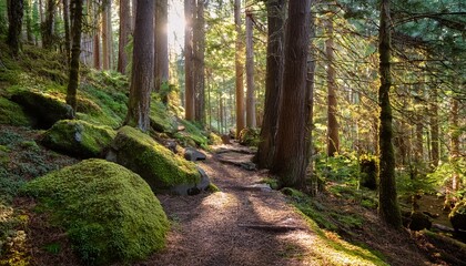 sunlit forest trail featuring moss covered rocks and tall trees casting shadows in a natural setting