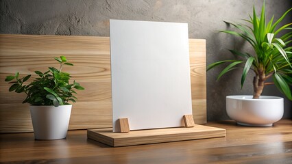 A blank white paper sign is displayed on a wooden stand with plants nearby