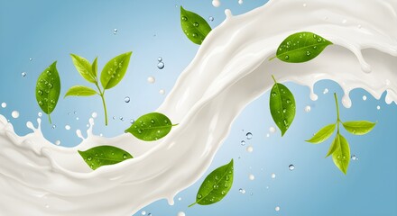 Fresh white milk in a glass with green mint leaves, a natural and healthy drink
