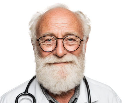 Elderly doctor portrait studio professional photography bright setting. Isolated on transparent background, png.