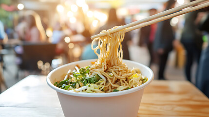 Delicious noodles with fresh vegetables held with chopsticks, street food experience with friends on the background, quick bite