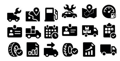 Collection of icons for various services and items related to transportation and logistics. The icons include a truck, a car, a tire, a gas pump, a clock, a calendar, a person, and a clipboard