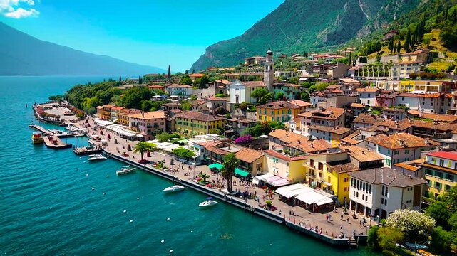 Charming Limone sul Garda sits on the edge of Lake Garda, surrounded by turquoise water and dramatic cliffs. Perfect for travel, real estate, and tourism-related commercial content