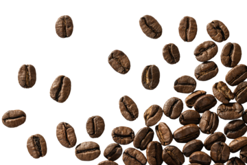 Grains de café disposés en dégradé, vus de dessus, isolés sur fond transparent, format PNG