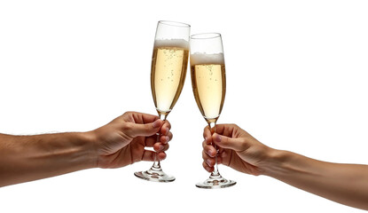 Two hand hold a glasses of champagne toasting isolated on transparent background