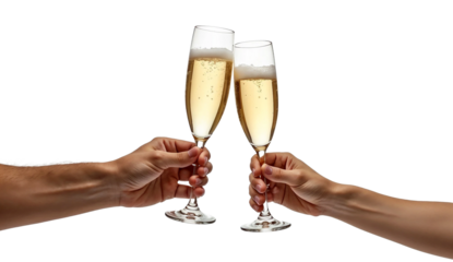 Two hand hold a glasses of champagne toasting isolated on transparent background