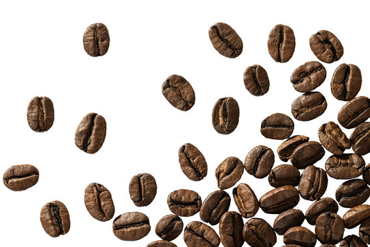 Grains de caf&eacute; dispos&eacute;s en d&eacute;grad&eacute;, vus de dessus, isol&eacute;s sur fond transparent, format PNG