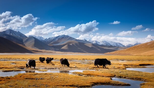 yaks graze peacefully across the golden grasslands of zoige marsh in amdo tibet with distant mountains creating a serene pastoral landscape in greater tibet