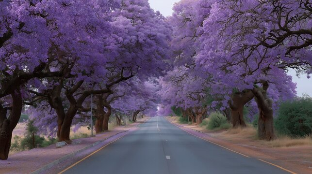 Scenic drive along a purple-flowered road under blooming jacaranda trees in springtime