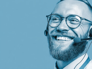 A smiling customer support person wearing a headset in a cheerful environment