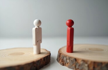 Wooden figures symbolize connection, separation on split wood slices, showing relationship contrasts. One figure raw wood, red. Visual metaphor addresses partnership dynamics, communication,