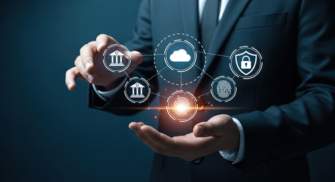 Secure Banking and Cloud Technology Concept: Businessman Presenting Data Protection, Cyber Security, and Digital Finance Solutions (147 chars)
