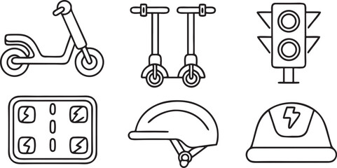 Isolated electric scooter vector icons, urban mobility and green city transport set, e scooter, battery status, charger dock, helmet, traffic light
