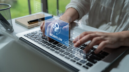 Workflow optimization concept featuring interconnected gears, task management, collaboration,...