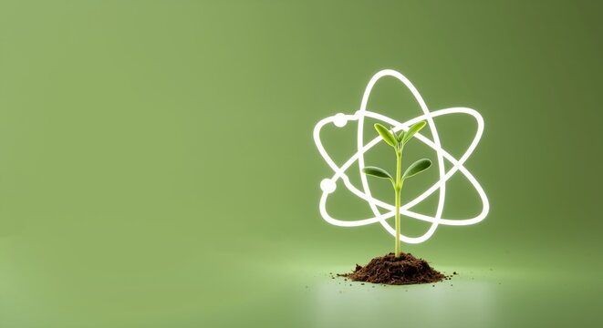 Green plant growing from soil with atomic structure symbol. Scientific research and biotechnology concept. Educational science poster for laboratory, research facility, university, biology class