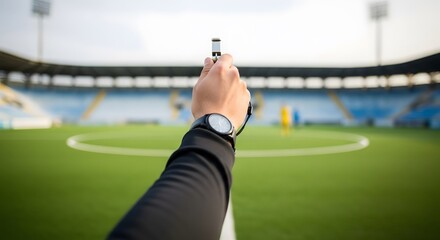 Referee's Whistle: An official, hand raised, a whistle poised, commanding attention within a stadium setting, the embodiment of fair play and control.