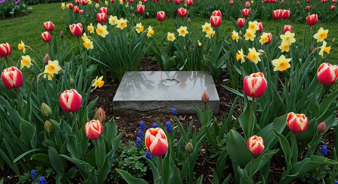 Spring garden with colorful tulips and daffodils around memorial stone. Bright flowers blooming in peaceful cemetery landscape. Memorial day remembrance concept for funeral service banner