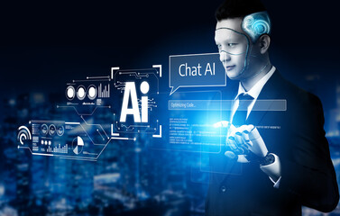 Fototapeta premium AI Virtual Assistant Artificial Intelligence Chatbot Controlled by Prompt Engineering for Explainable Generative AI information and LLM Deep Learning Technology for Smart Business Work Support. Vouch