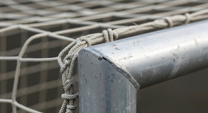 Ai generated image of a closeup of a soccer goal net shows the intricate details of the metal post and rope mesh, highlighting the structure of the sports equipment - Powered by Adobe
