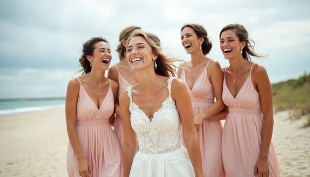 Joyful bride, bridesmaids in pastel pink dresses laugh together on sandy beach. Spring wedding celebration with ocean waves backdrop. Captures friendship, femininity, moments of pure happiness during - Powered by Adobe