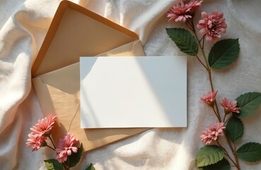 Blank card invitation mockup with beige envelope, delicate dried flowers. Features copy space for text, perfect for wedding stationery, thank notes, greeting messages. Minimalistic Scandinavian style