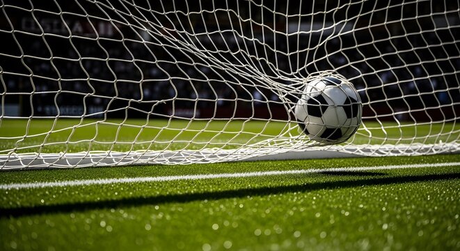 Ai generated image of a soccer ball nestles in the back of a net on a vibrant green field, symbolizing a successful goal and the thrill of victory in a competitive game