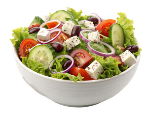 A vibrant greek salad with feta cheese tomatoes cucumbers and onions in a white ceramic bowl view