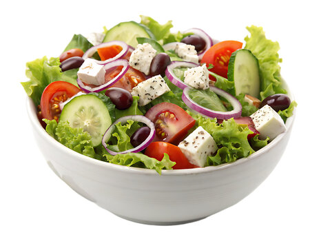 A vibrant greek salad with feta cheese tomatoes cucumbers and onions in a white ceramic bowl view