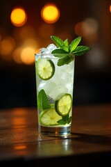  Iced Mojito with Fresh Mint and Lime Slices on Wooden Bar