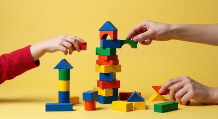 Children hands building colorful wooden block towers with geometric shapes on yellow background. Kids creating balanced structures with educational toys. Learning and development concept for toy store