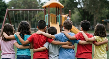 Group of diverse children with arms around shoulders facing playground equipment. Mixed ethnicity kids showing friendship and unity outdoors. Community togetherness concept for school program