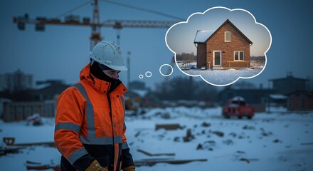 Construction worker in orange safety gear dreaming of cozy house during winter site work. Builder wearing helmet with thought bubble showing warm home interior. Career aspiration. construction service