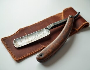 Vintage straight razor with worn patina on blade rests on leather strop. Wooden handle. White background with soft pastel color gradient. Classic shaving tool, barber shop essential, grooming concept.